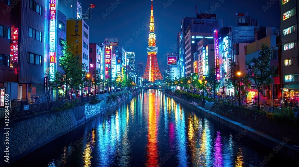 Obraz premium A night on the neon street in downtown Shinjuku, Tokyo. Wide shot of vibrant city life with neon lights, perfect for urban, nightlife, or travel-related designs.