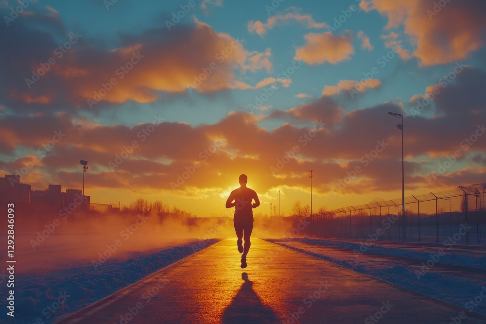 Athlete running on a track at sunrise in winter Athlete running on a track at sunrise in winter
