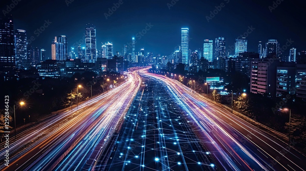 A Night-Time Highway with Long, Colorful Light Trails from Fast-Moving Vehicles, Representing Digital Innovation, Technological Growth, and the Future of Connectivity. A Night-Time Highway with Long, Colorful Light Trails from Fast-Moving Vehicles, Representing Digital Innovation, Technological Growth, and the Future of Connectivity.