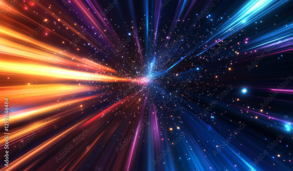 Naklejka premium Vibrant abstract background with glowing light beams and stars
