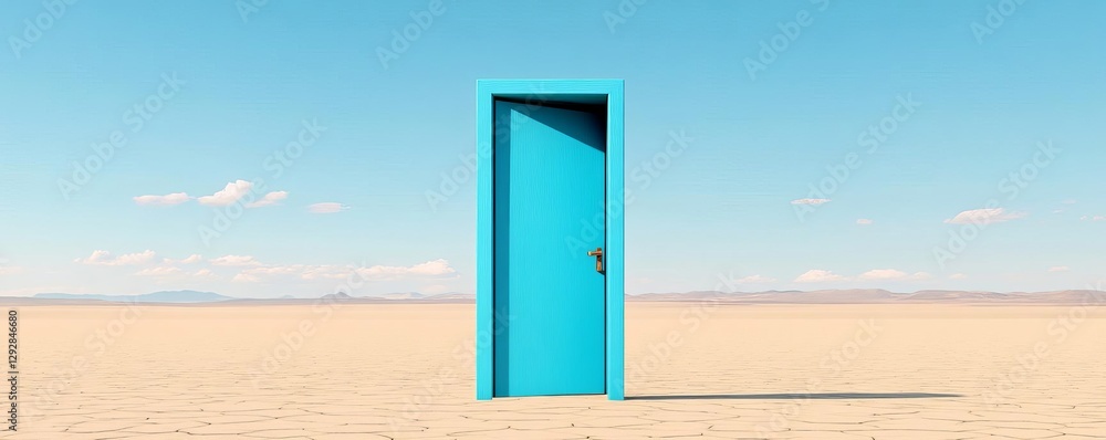 Surreal floating open blue door in a vast desert, endless horizon beyond, dreamlike scenery Surreal floating open blue door in a vast desert, endless horizon beyond, dreamlike scenery