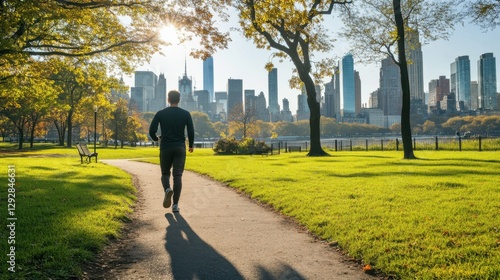 Hypertension patient taking a brisk walk in an urban park. Featuring exercise and cardiovascular health