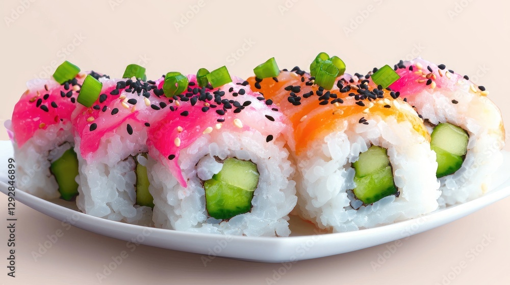 Colorful sushi rolls on white plate, close-up