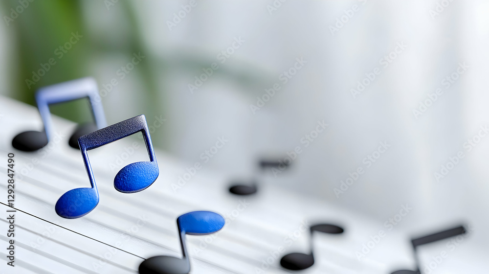 Blue musical notes hover over sheet music, home interior Blue musical notes hover over sheet music, home interior