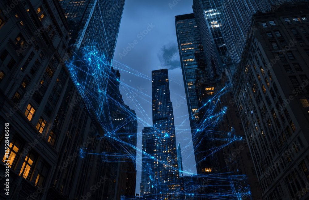 Futuristic cityscape with glowing blue lines and digital elements Futuristic cityscape with glowing blue lines and digital elements