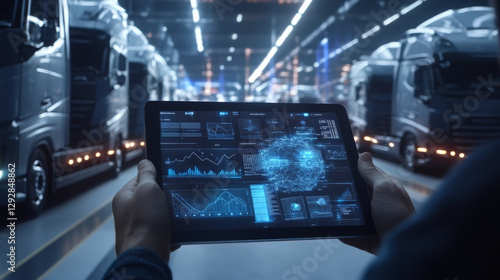 Futuristic digital tablet displaying data in truck warehouse