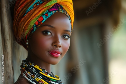 Young african model wearing colorful headwrap and traditional beads necklace