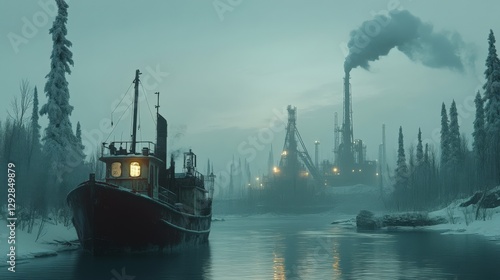 A somber winter landscape depicts an aged tugboat navigating through icy waters, with smoke rising from distant oil rigs surrounded by towering evergreen trees at dusk.