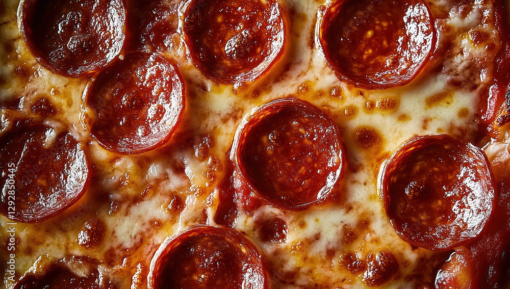 A macro shot of a pepperoni pizza, top view, close-up A macro shot of a pepperoni pizza, top view, close-up