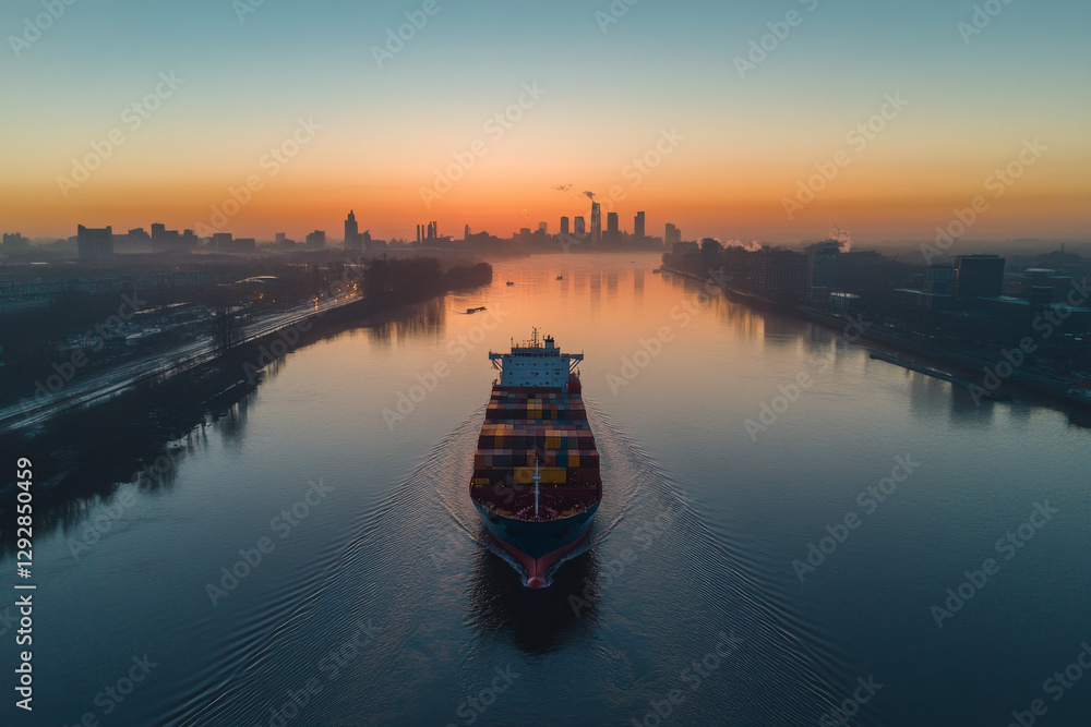 cargo ship sailing river sunrise, creating serene atmosphere cargo ship sailing river sunrise, creating serene atmosphere