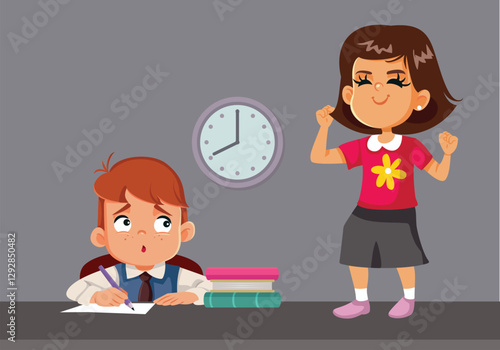 Naughty Student Dances on Desk During class Vector Cartoon. Misbehaving schoolgirl standing on top of a table at school
