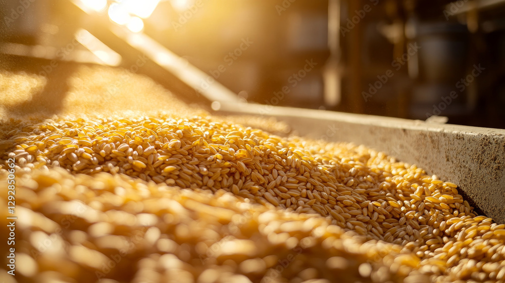 Wheat grains on conveyor belt in warm sunlight Wheat grains on conveyor belt in warm sunlight