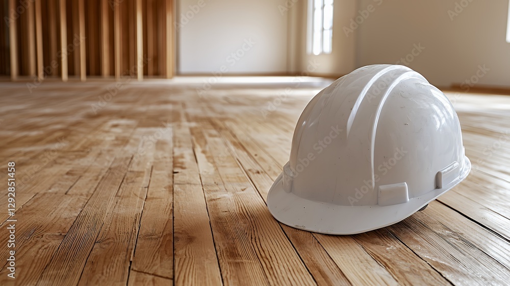 White Hard Hat on Light Brown Wooden Floor in Empty Room White Hard Hat on Light Brown Wooden Floor in Empty Room