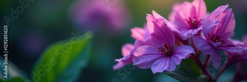 Close-up, rich purple petals, blurred green leaves, bloom, vibrant