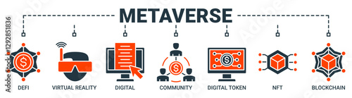 Metaverse banner web icon vector illustration concept with icon of defi, virtual reality, digital asset, community, digital token, nft, blockchain and ecosystem icons. Solid color symbol background.
