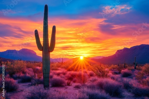Fototapeta Naklejka Na Ścianę i Meble -  Saguaro cactus standing in the Arizona desert during a vibrant sunset