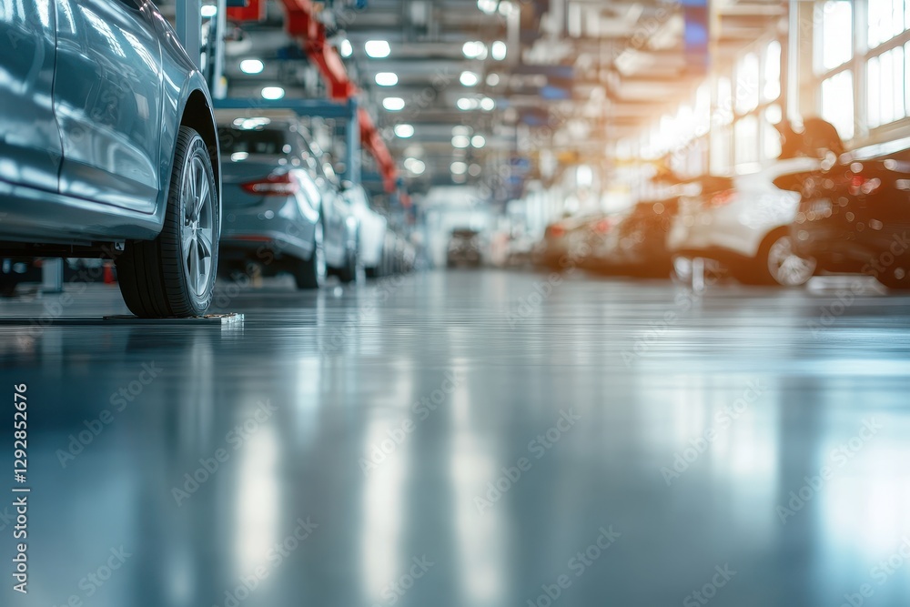 Obraz premium Car care center with electric lifts on epoxy floor offering new and vintage services repairs tires and batteries including Asian vehicles