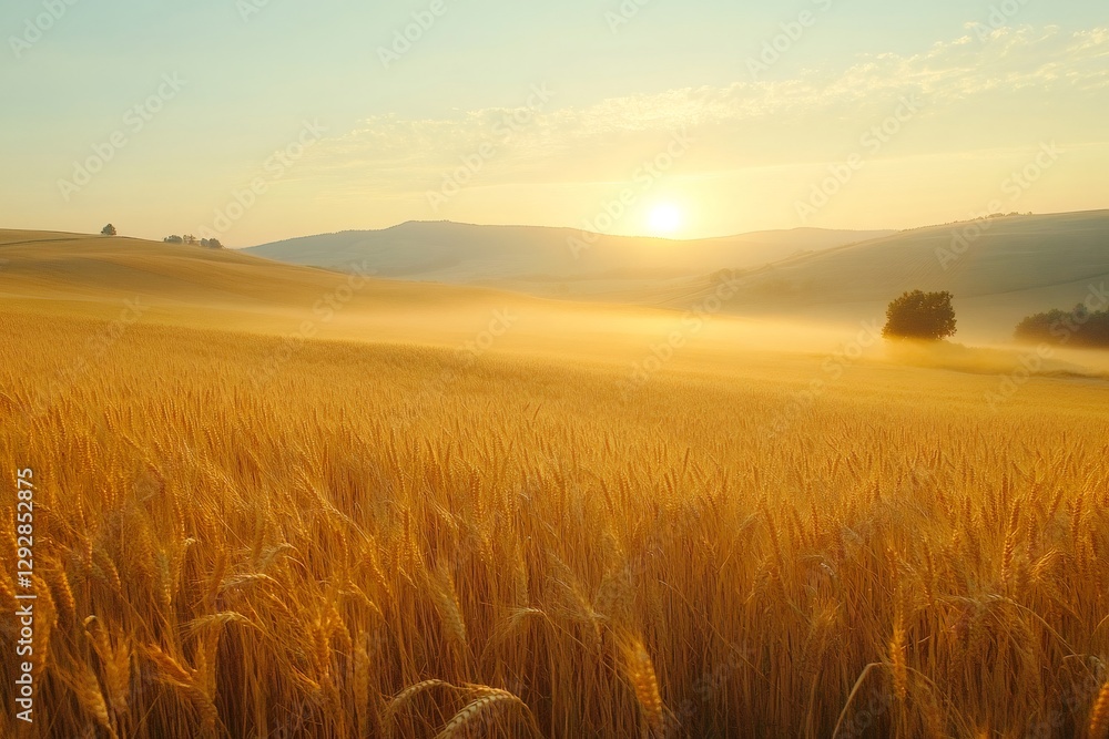 Obraz premium Golden sunrise illuminating vast wheat field covered by fog
