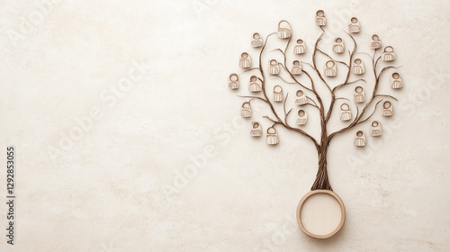 Family Tree: Depicting ancestry, connection, legacy, and history with a beautifully crafted family tree, each icon symbolizing a member, growing from strong roots and reaching for the future. 