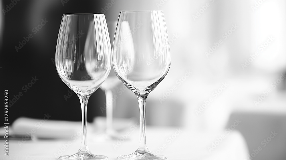 Elegant Wine Glasses: A refined composition capturing the subtle beauty of two stemmed wine glasses, suggesting a luxurious dining experience or a special occasion. Elegant Wine Glasses: A refined composition capturing the subtle beauty of two stemmed wine glasses, suggesting a luxurious dining experience or a special occasion.