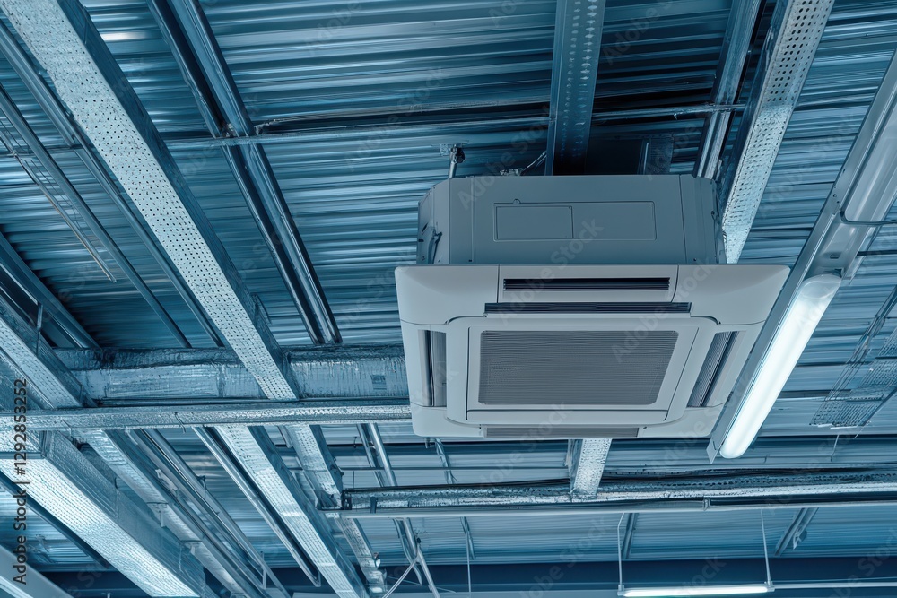 Obraz premium Cassette HVAC system beneath an insulated metal roof