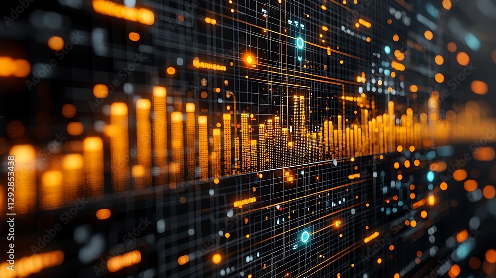 Data streams flow across digital network, server room background, financial analysis visualization Data streams flow across digital network, server room background, financial analysis visualization