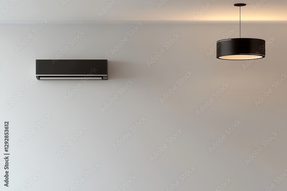 Obraz premium Ceiling mounted cassette air conditioner and contemporary lamp on a white ceiling ducted AC for home or office