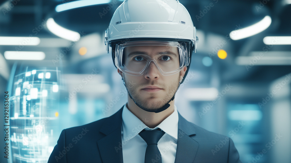 Engineer's Precision: A focused engineer, in a professional attire, and a protective helmet stands firm in an advanced industrial environment, projecting competence and readiness Engineer's Precision: A focused engineer, in a professional attire, and a protective helmet stands firm in an advanced industrial environment, projecting competence and readiness