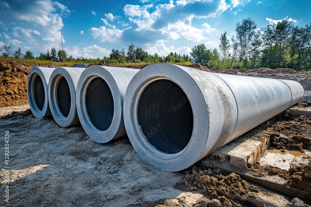 Cement drainage pipes piled at building site Cement drainage pipes piled at building site