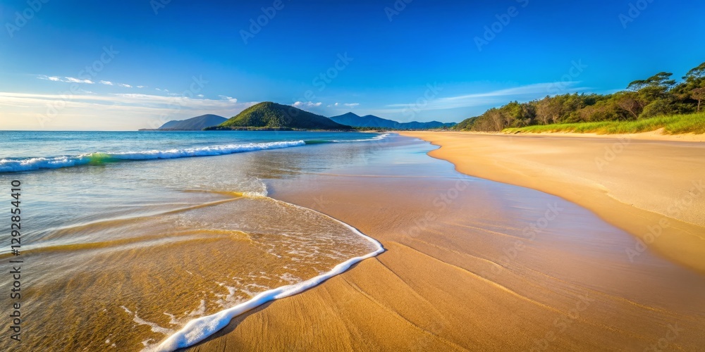 Obraz premium Serene Beachfront with Gentle Waves and Lush Green Mountains