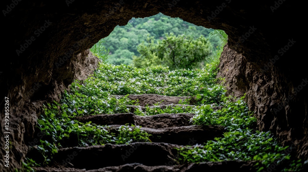 Obraz premium Cave exit stone steps nature view, travel exploration
