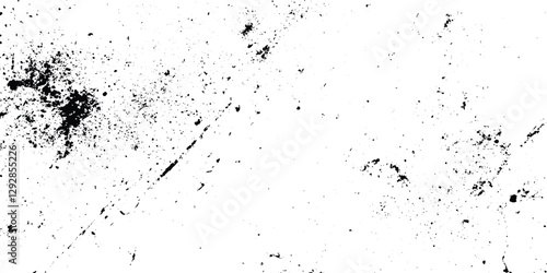 overlay texture of grainy grunge surface, Dirt messy splash overlay and Black and white Dusty scratched grunge texture, abstract dotted black particles is arranging randomly on white background.