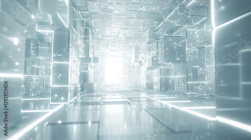 Fototapeta Naklejka Na Ścianę i Meble -  Abstract futuristic white cube tunnel with bright glowing lines digital art background 3d space light