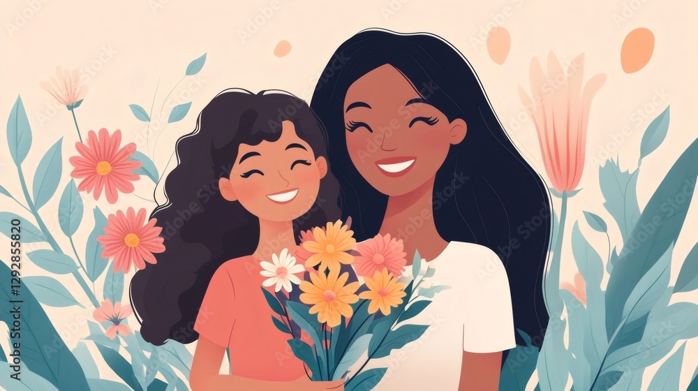 Daughter giving flowers to her smiling mother for mother's day Daughter giving flowers to her smiling mother for mother's day