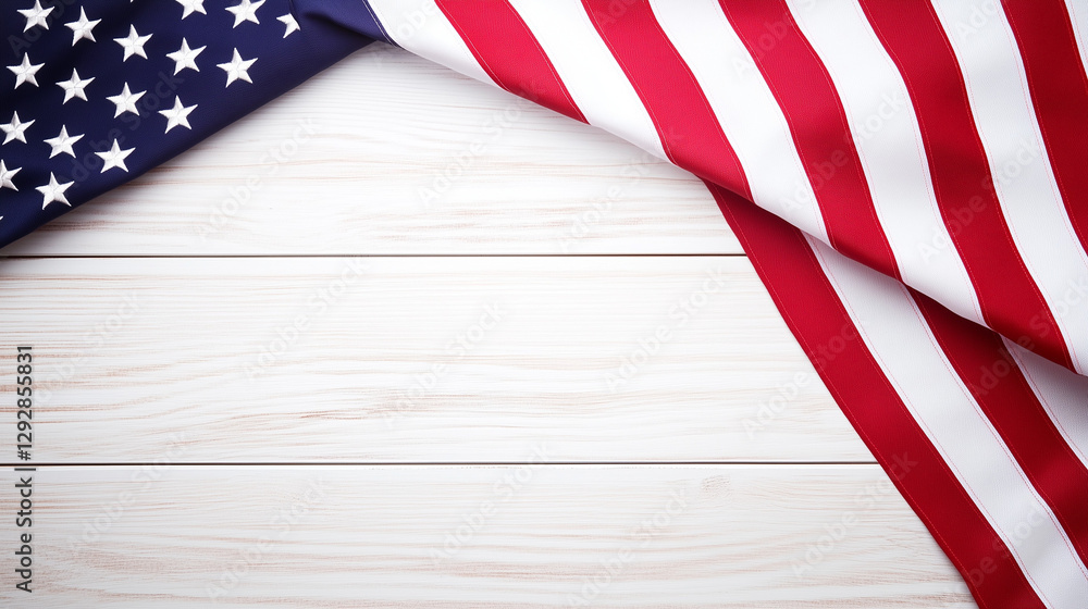 Fototapeta premium American Flag on Wooden Surface: A corner view of the flag of the United States, its stars and stripes displayed with pride and a sense of patriotism.