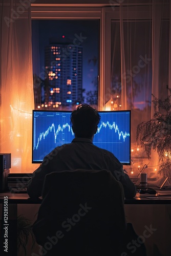 Night trader's home office view of city skyline