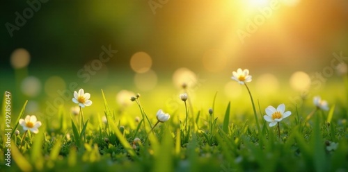 Golden sunlight bathes dew-kissed flowers and lush green grass , Sunrise, botany, park