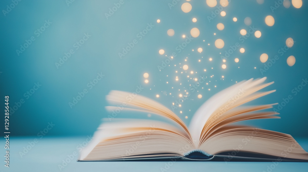Fototapeta premium Literary Wonder: An open book with pages softly illuminated by glowing lights, conjuring a sense of magic and endless possibilities.