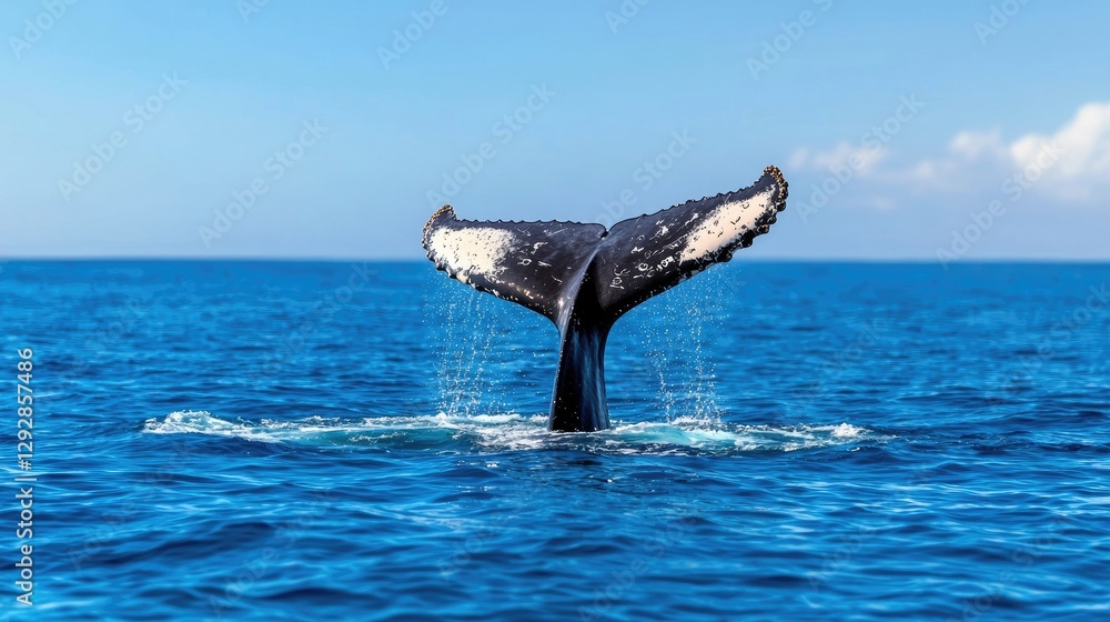 Fototapeta premium Whale tail ocean dive blue water background marine wildlife