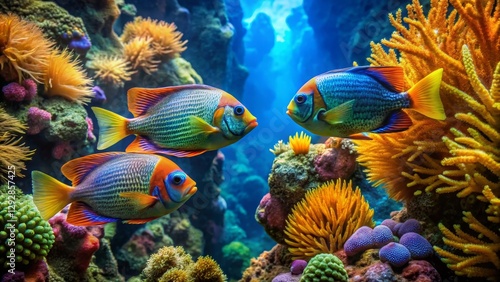 Vibrant Reef Fish Gracefully Navigating a Lush Underwater Paradise with Colorful Coral and Anemones