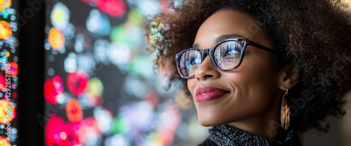 Woman contemplating colorful data display