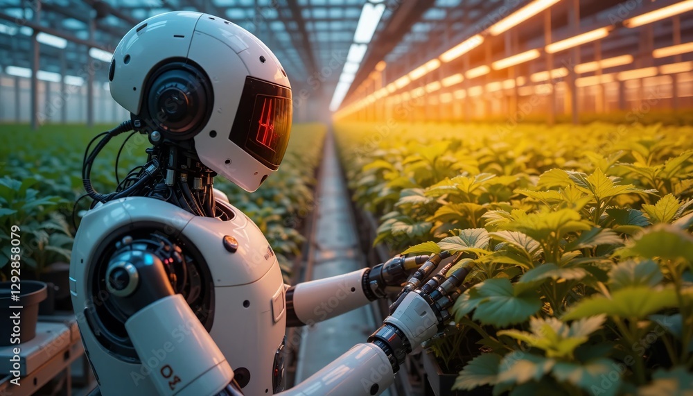 Fototapeta premium Futuristic Robot Tending Plants in a Modern Greenhouse Agricultural Technology