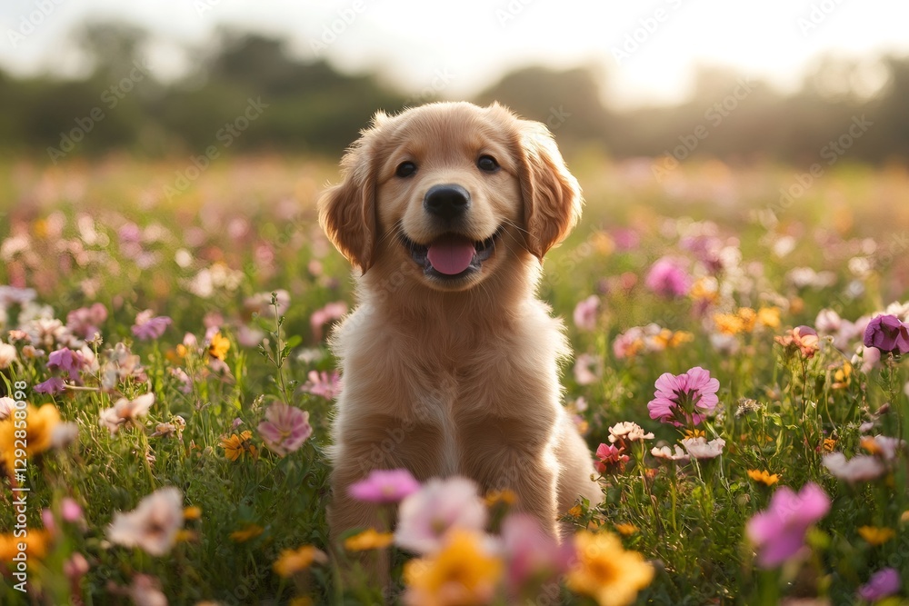 Golden retriever puppy sitting in a field of colorful flowers Golden retriever puppy sitting in a field of colorful flowers