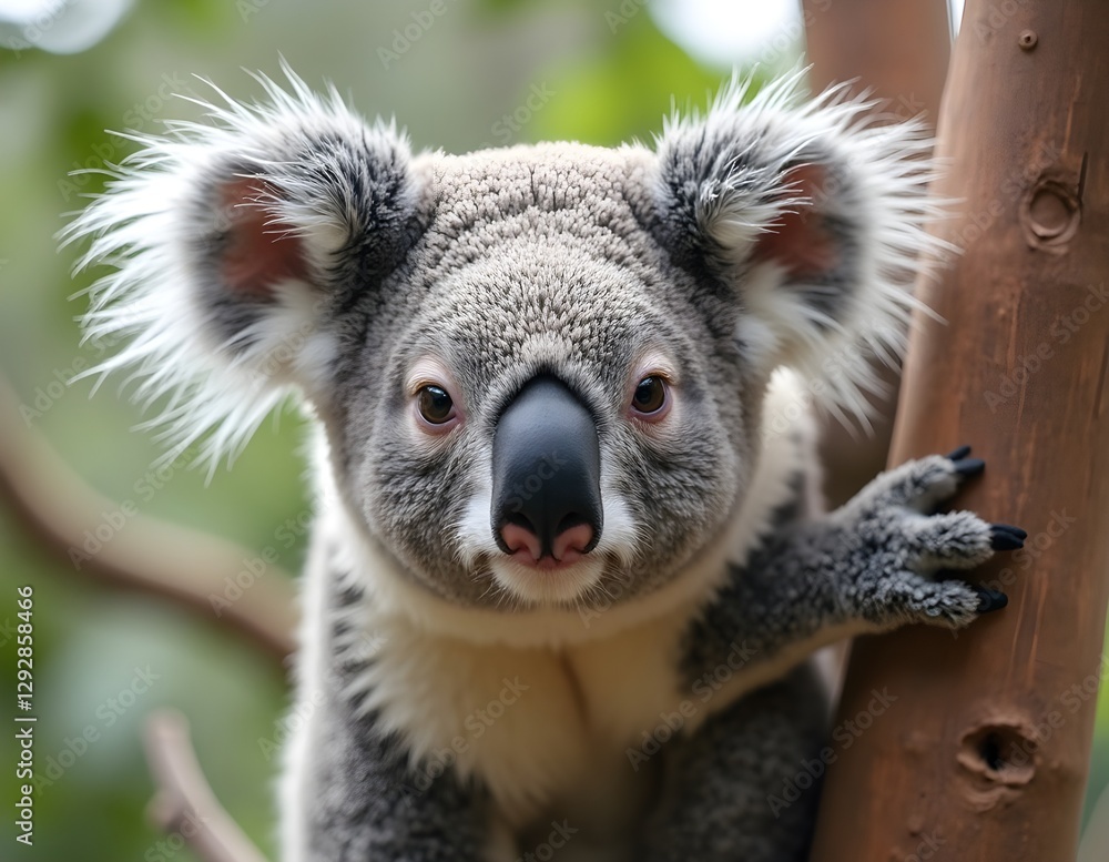 Naklejka premium Koala with black round nose and big ears, natural charm of exotic animals calm with a tight hug on a tree trunk gives an impression of tranquility in the beauty of nature