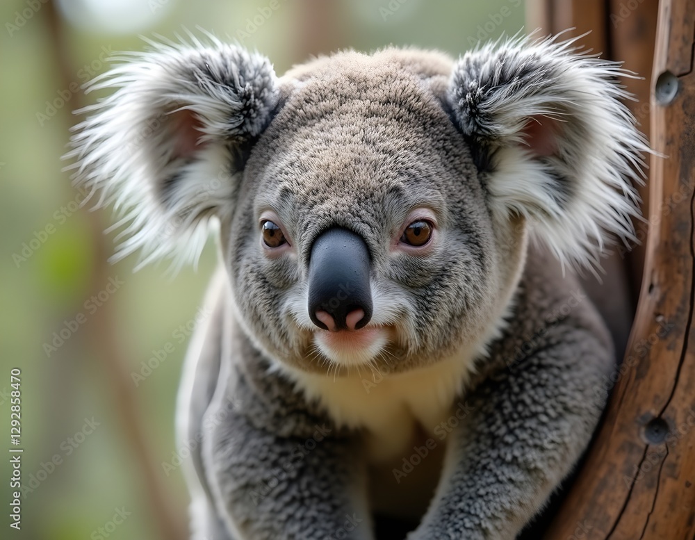 Naklejka premium Koala with black round nose and big ears, natural charm of exotic animals calm with a tight hug on a tree trunk gives an impression of tranquility in the beauty of nature