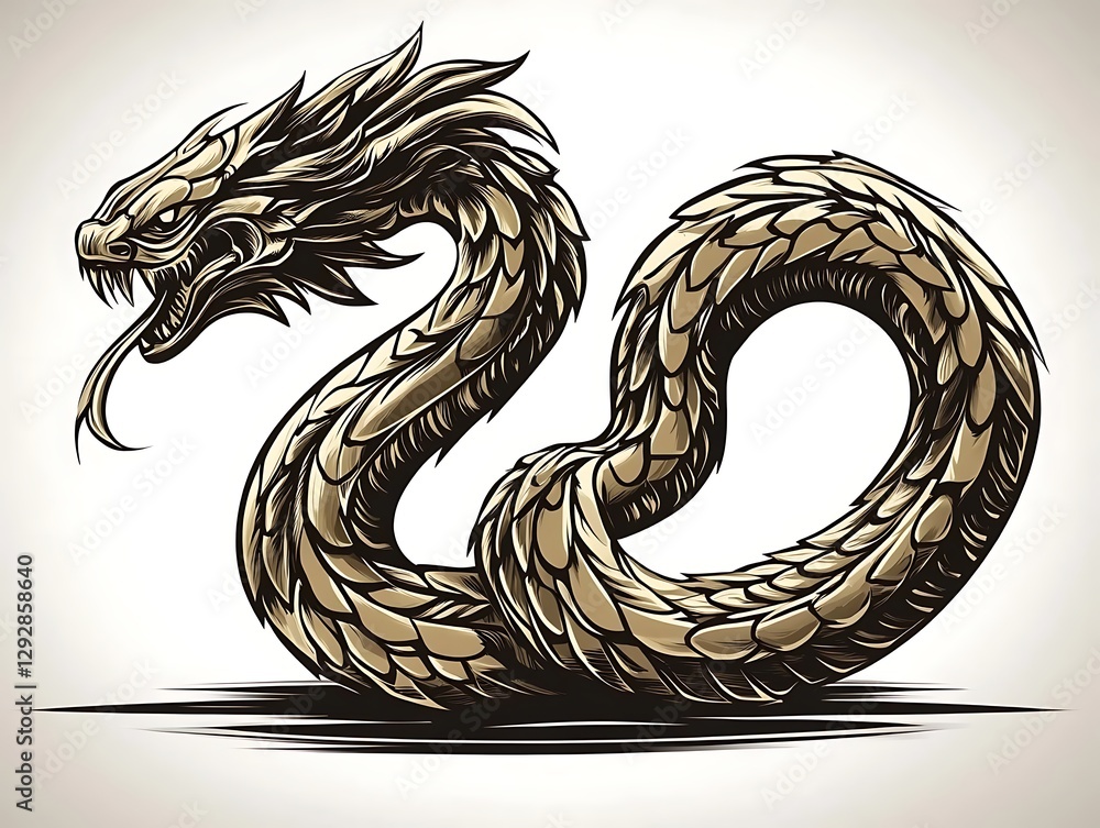 Fototapeta premium Coiled Dragon Illustration, White Background