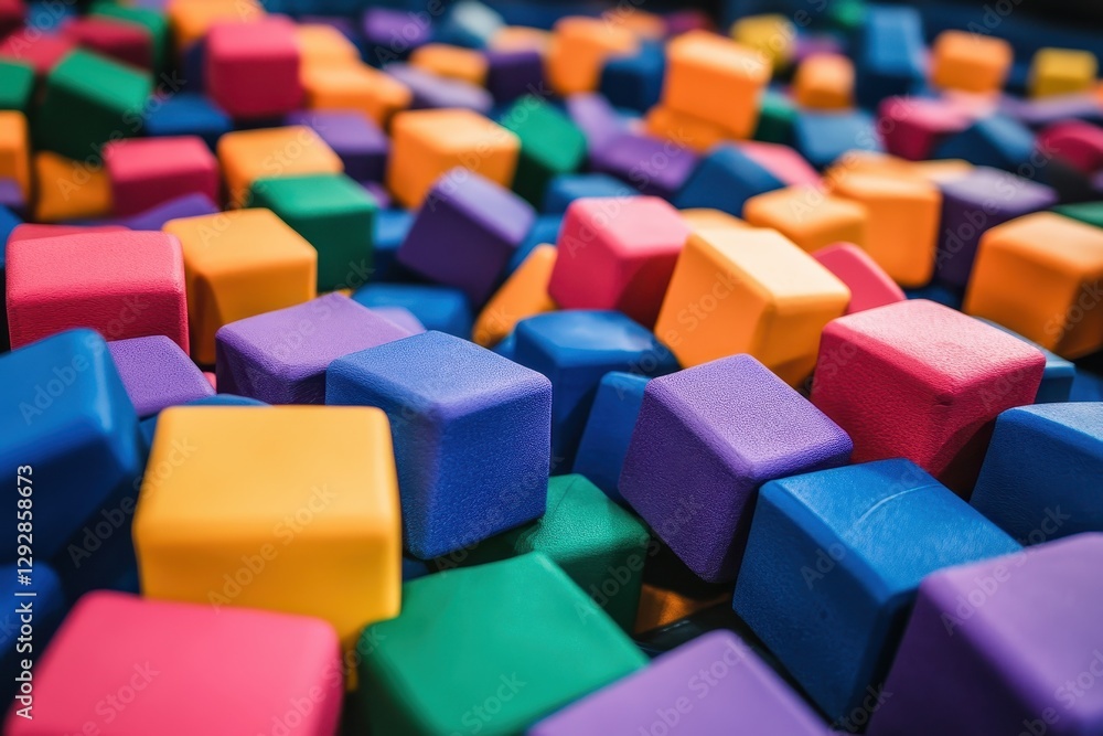 Colorful foam blocks at the trampoline venue Colorful foam blocks at the trampoline venue