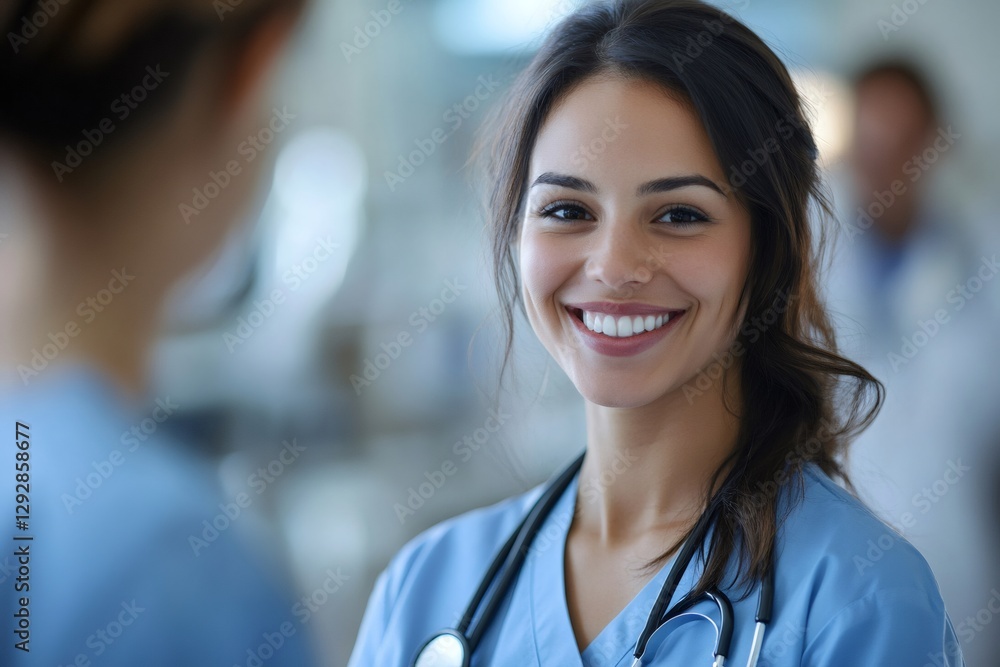 Portrait of a smiling female doctor wearing blue scrubs and stethoscope in hospital Portrait of a smiling female doctor wearing blue scrubs and stethoscope in hospital