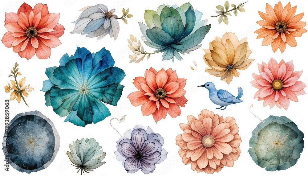 Fototapeta premium Colorful floral illustration collection art studio digital artwork nature aerial view beauty