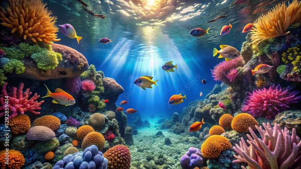 Vibrant Underwater Scene Showcasing a Thriving Coral Reef Ecosystem with Diverse Fish Species Swimming Amongst Colorful Corals and Anemone Vibrant Underwater Scene Showcasing a Thriving Coral Reef Ecosystem with Diverse Fish Species Swimming Amongst Colorful Corals and Anemone